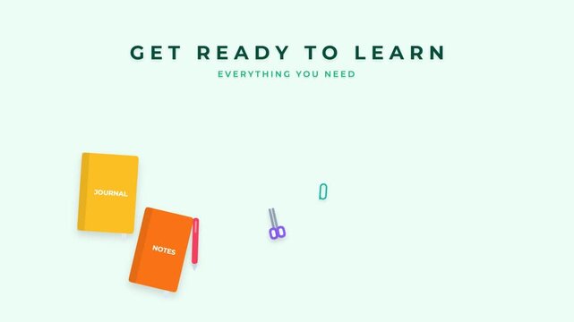 School stationery supplies animation with notebooks and pens for education