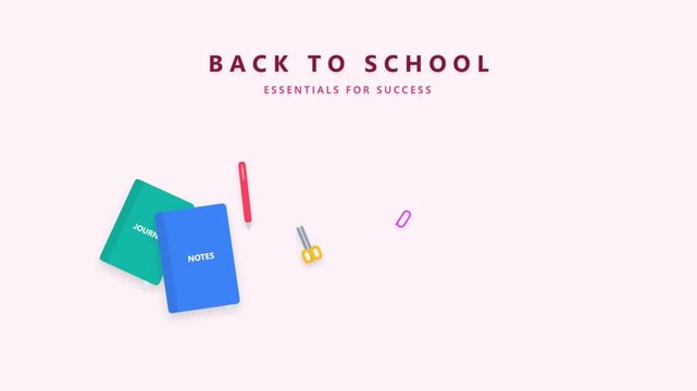 Back to school supplies animation with colorful notebooks and stationery items