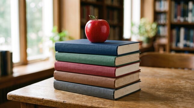 Red apple on stack of colorful hardcover books on wooden desk in library with education