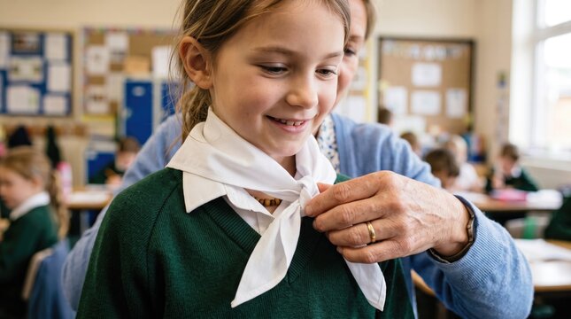 Teacher helping young female student tie scarf around her neck in classroom with classroom
