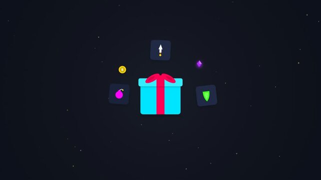 Gift box with floating game icons animation for mobile gaming user interface