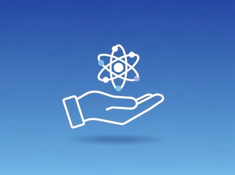 Hand line icon holds a floating atom symbol representing physics and science.