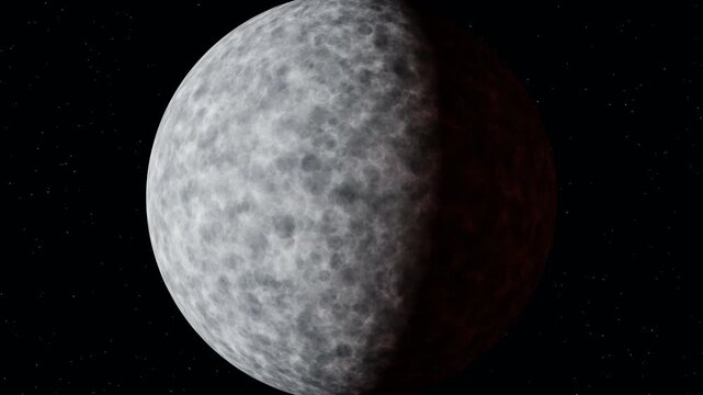 Beginning of lunar eclipse 4K animation, full moon entering earth shadow phase transition, 3D space motion graphics