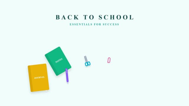 Back to school stationery supplies animation with colorful notebooks and pens