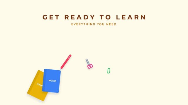 School supplies animation with notebooks and stationery for educational content