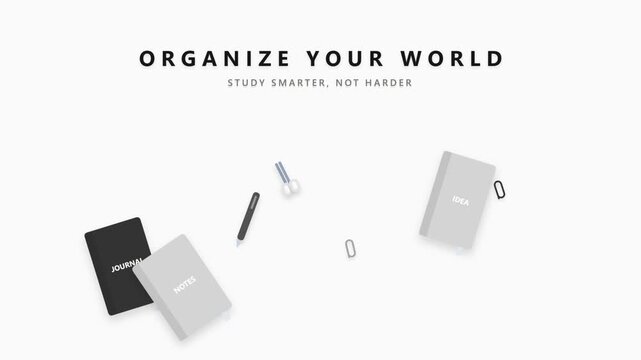 Organize your world stationery and education supplies flat lay animation