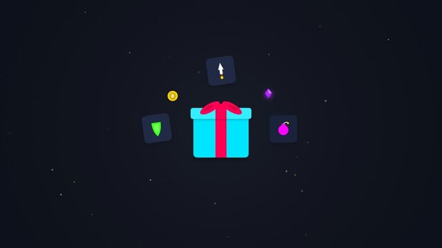 Gift box animation with floating gaming icons and digital rewards for players