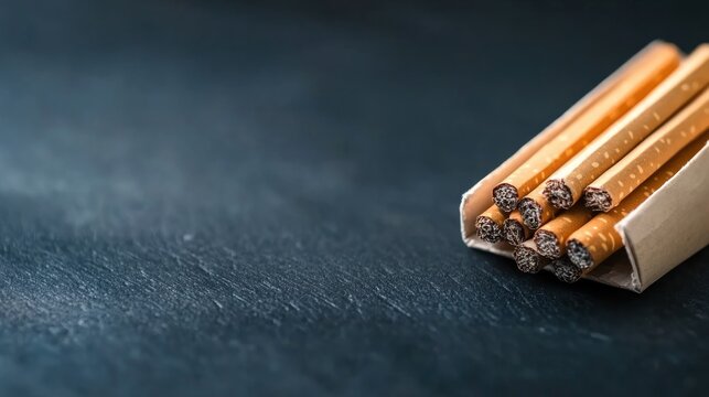 Close up of a pack of cigarettes on a dark textured background.