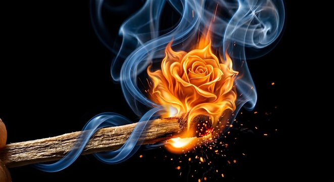 Creative Conceptual Illustration of Fire Rose Flower Burning on Wooden Matchstick with Blue Smoke Swirls