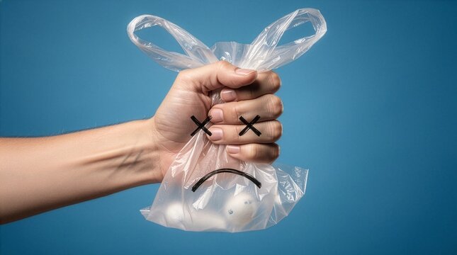 Human fist tightly gripping a clear plastic bag with a drawn sad dead face emoticon against a solid blue background, highlighting the environmental issue of global plastic pollution and waste.