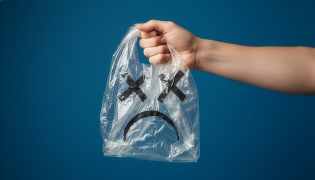 Human hand holding a clear plastic shopping bag with a big drawn sad dead face icon against a solid blue background, symbolizing environmental damage, plastic waste crisis, and pollution.