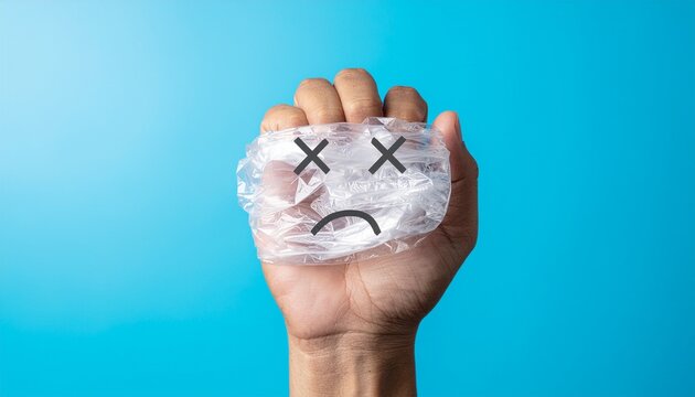 Human hand squeezing a crumpled plastic bag with a sad dead face drawing isolated on bright blue background, representing plastic pollution awareness and environmental protection concept.