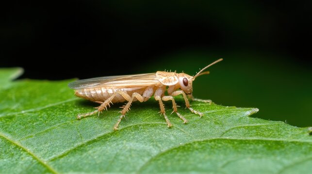 Close-up of a small light brown insect with transparent wings resting on a vibrant green leaf with a dark background.