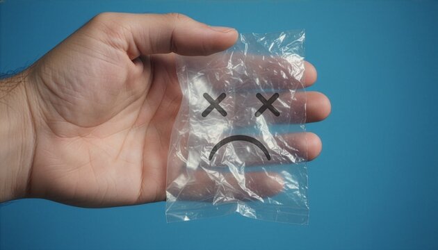 Human hand holding open a small clear plastic bag with a drawn sad dead face emoticon against a solid blue background, emphasizing the global crisis of single-use plastic pollution and waste.