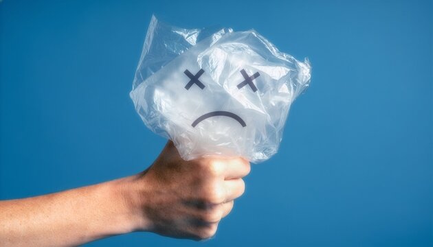 Human fist clutching a crumpled clear plastic bag with a drawn sad dead face emoticon over a solid blue background, conceptualizing the fight against global plastic pollution and waste.
