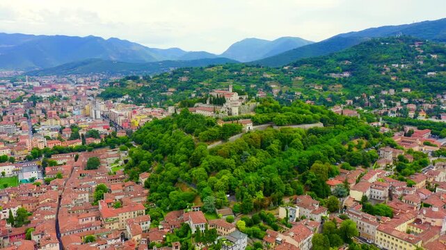 Brescia, Italy. Castello di Brescia. Flight over the city in cloudy weather. Drone footage, Point of interest