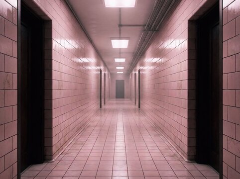 Endless Hallway with Repeating Doors and Pink Tiled Walls, Illuminated by Fluorescent Lights, Creates a Feeling of Isolation and Mystery
