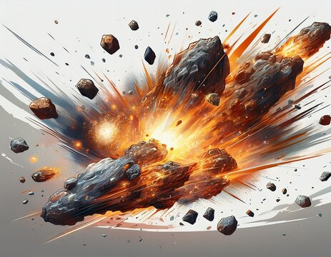 meteorites colliding and exploding scattered on a white background