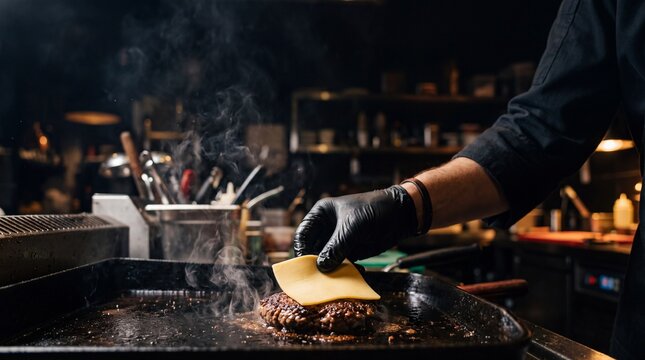 Chef Preparing Burger: A chef in black gloves meticulously places a slice of cheese onto a sizzling beef patty on a hot griddle, steam rising from the kitchen.