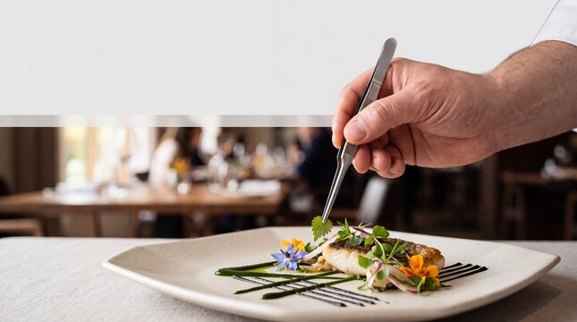 Chef's Artistic Touch: A skilled chef meticulously garnishes a gourmet dish with precision and flair, adding the final delicate touches to a culinary masterpiece in a fine dining setting.