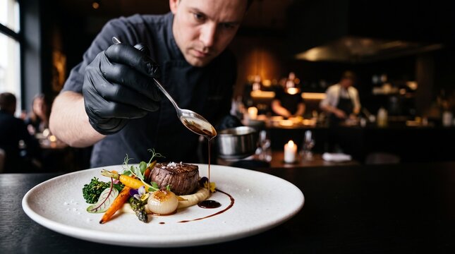 Chef's Precision Plating: A skilled chef, focused and precise, artfully garnishes a gourmet dish in a sophisticated restaurant setting, showcasing culinary excellence and attention to detail.