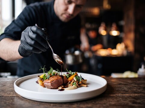Gourmet Plating: A skilled chef, wearing black gloves, meticulously garnishes a delectable dish with a drizzle of sauce, showcasing culinary artistry in a dimly lit, atmospheric kitchen.