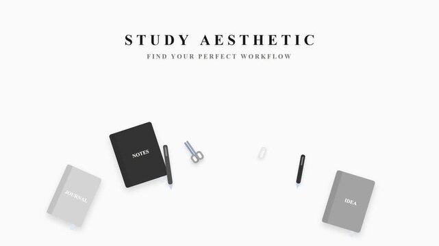 Study aesthetic desktop workspace with notebooks and stationery supplies
