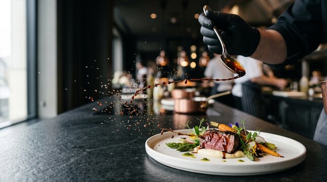 Gourmet Plating: A chef's gloved hand delicately drizzles a rich sauce onto a beautifully plated dish, showcasing culinary artistry in a dimly lit, upscale restaurant ambiance.