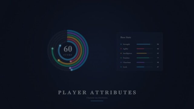Player attributes and game statistics display with score and base stats for gaming UI