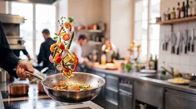 Chef's Flair in the Kitchen: A close-up view of a chef expertly tossing ingredients in a sizzling pan, with a bustling professional kitchen providing a dynamic backdrop.
