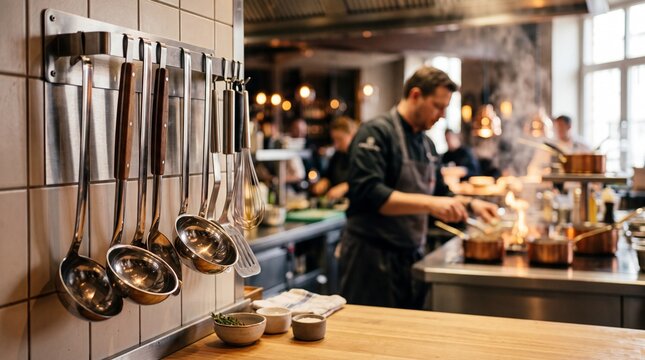 A Chef's Culinary Craft: A focused chef in a busy restaurant kitchen expertly prepares a dish amidst a flurry of activity.