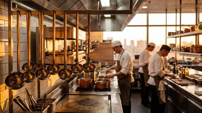 Gourmet Kitchen Symphony: Chefs meticulously prepare a culinary masterpiece in a professional kitchen, with gleaming copper pots and tools reflecting the warm ambient light.
