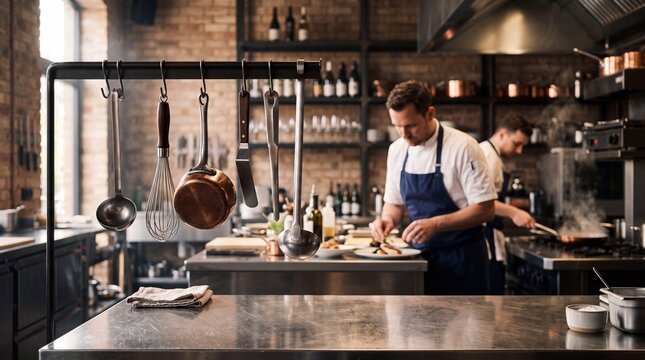 Culinary Mastery in a Professional Kitchen: Two chefs are diligently preparing food in a bustling, industrial-style kitchen, surrounded by cookware and ingredients, highlighting the art of gastronomy.