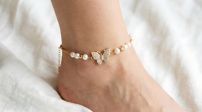 Silver and pearl anklet on tanned ankle pearls