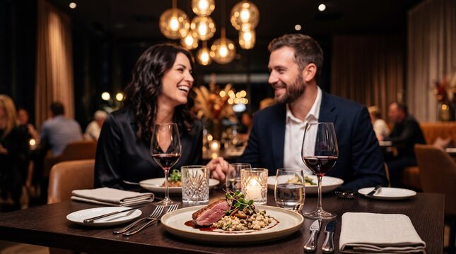 Romantic Dinner for Two: A happy couple shares an intimate moment over a gourmet meal in a dimly lit, upscale restaurant, their faces illuminated by soft candlelight.