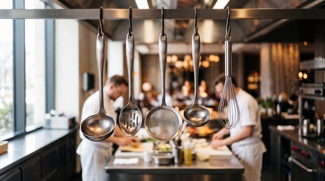 Kitchen Mastery: Chefs in professional chef attire work diligently in a modern, well-equipped commercial kitchen, illuminated by soft lighting and large windows.