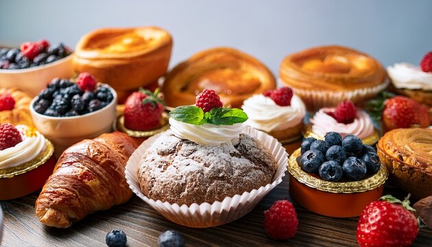 concept about bakery baked goods and warmth variety of bakery pastries and baked goods with cream and berries