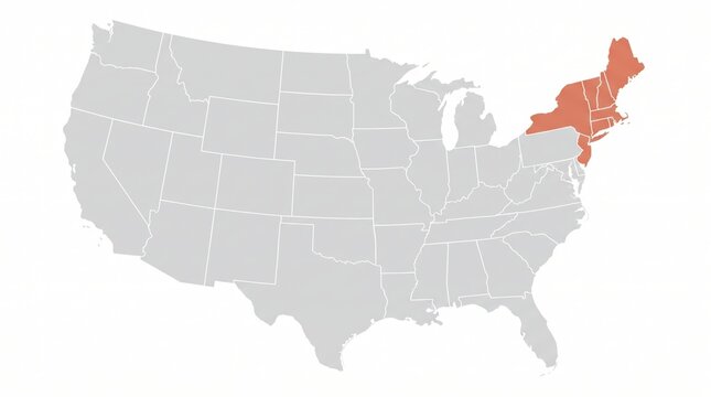 Map of the united states of america with the northeast region highlighted in orange