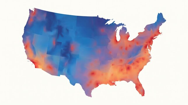 Heat map of the united states showing population density or demographic distribution with red and blue color gradients