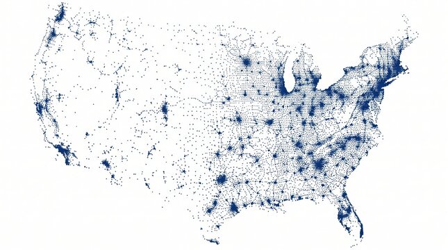 Dot density map of the united states of america showing population distribution and urban centers isolated on white background