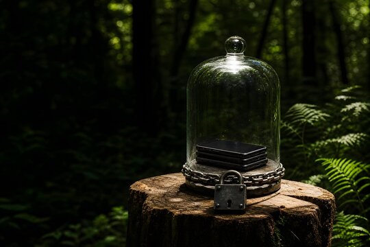 Smartphones secured under a glass cloche in a forest with copy space for digital detox and privacy concepts