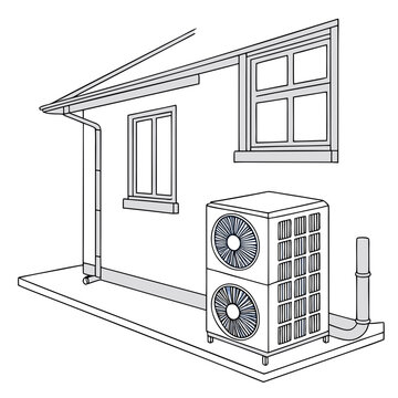 Air source heat pump unit installed outside a modern house wall with windows