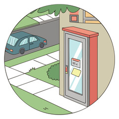 Cartoon illustration of a building entrance door with a car parked on the street in a residential neighborhood