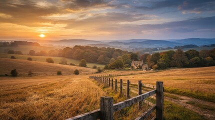 Fototapeta premium Beautiful sunset over a peaceful farm field with a wooden fence and rolling hills in the countryside during golden hour