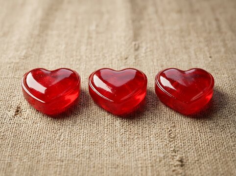 Three shiny red heart shaped candies arranged in a horizontal row on a rustic light brown wooden surface for a romantic background