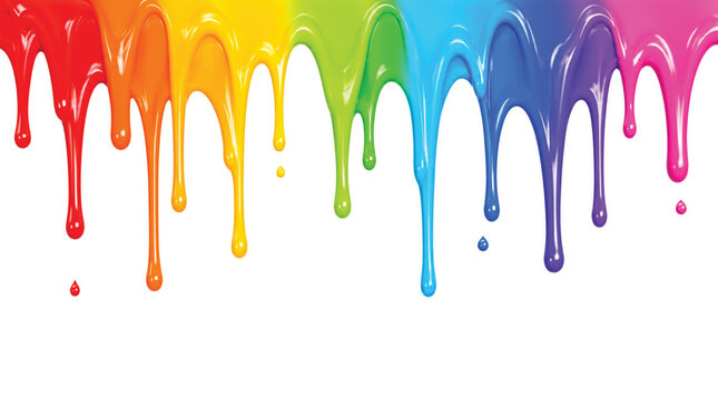 Colorful rainbow paint dripping down on white background