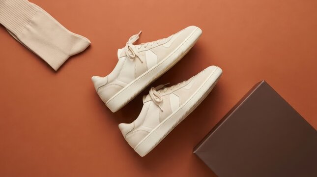 Pair of stylish beige casual sneakers with socks and a shoebox on a brown background