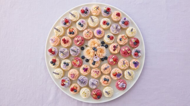 Many small round cookies topped with fresh colorful berries and flowers arranged on a large white serving plate from above
