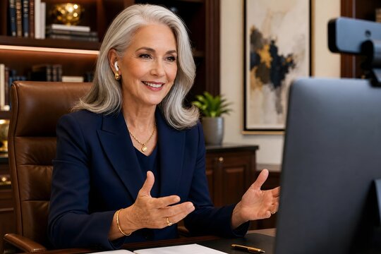 Mature businesswoman leading a video conference from an elegant office with copy space for corporate communication and leadership content