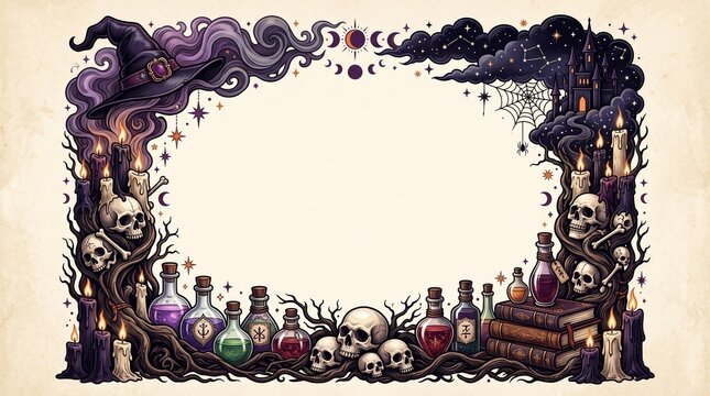 Vintage gothic halloween frame, spooky witch aesthetic border with skulls and potion bottles, mystical occult stationery background